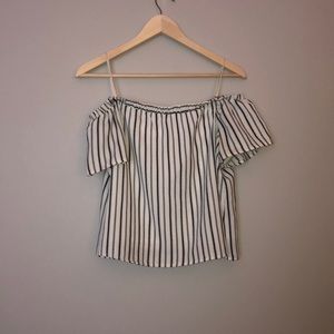 Off the shoulder white and black striped top